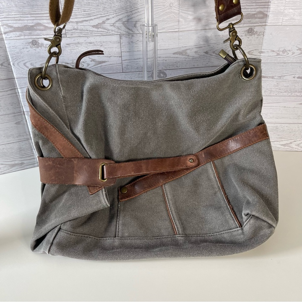 Gray Canvas Shoulder Bag with Brown Leather Trim